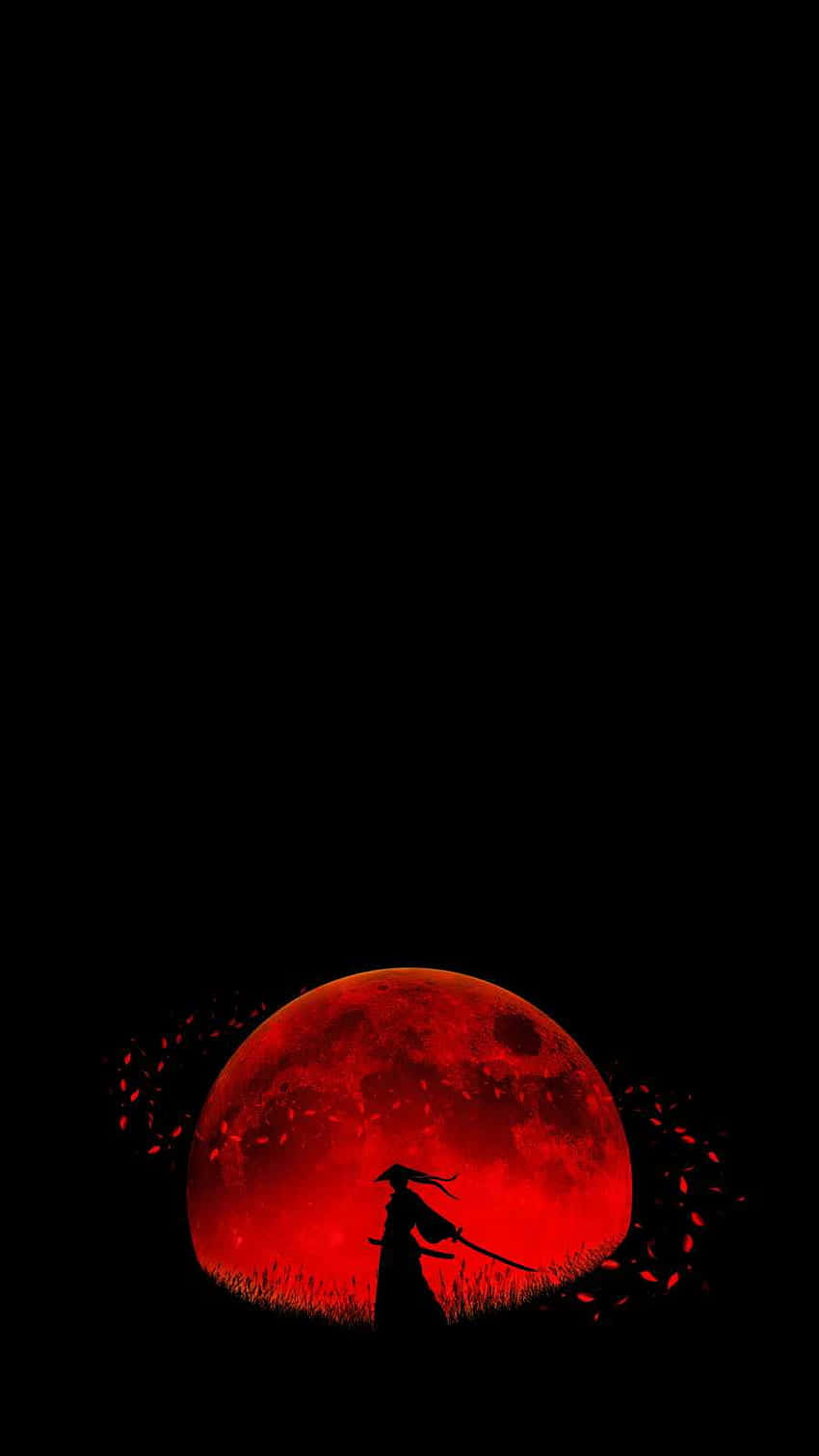 武士戰士剪影，在夜晚的紅月前手持劍。