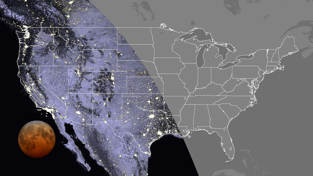 Perigee 桌布 壁紙 — 血月籠罩在閃爍著城市燈光的北美夜間地圖上。