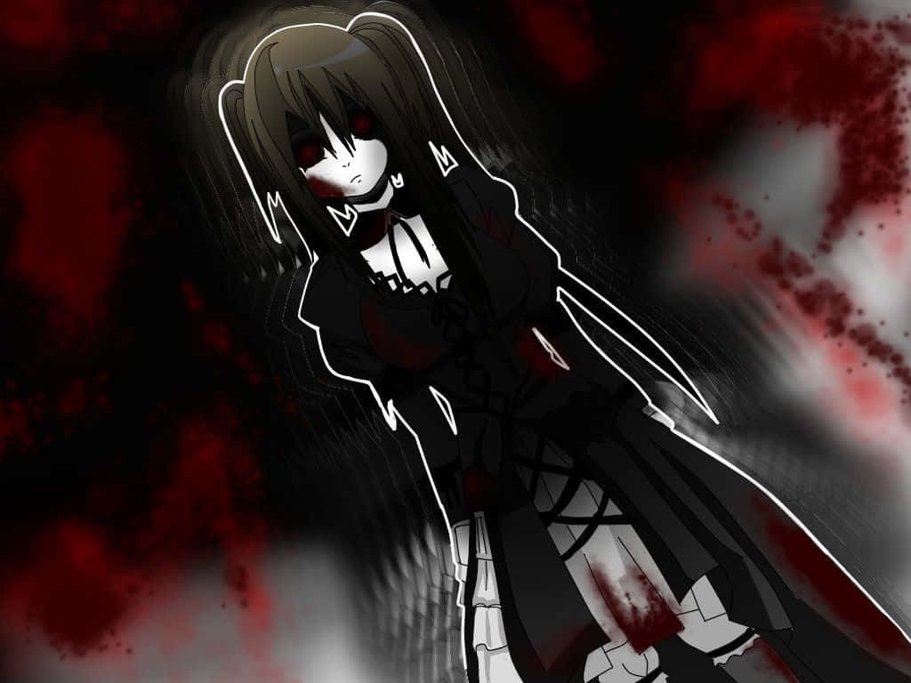 血染動漫少女恐懼頭像 壁紙 — 一個黑暗動漫女孩，紅眼睛，身上有血跡，站在黑色和紅色的背景前。