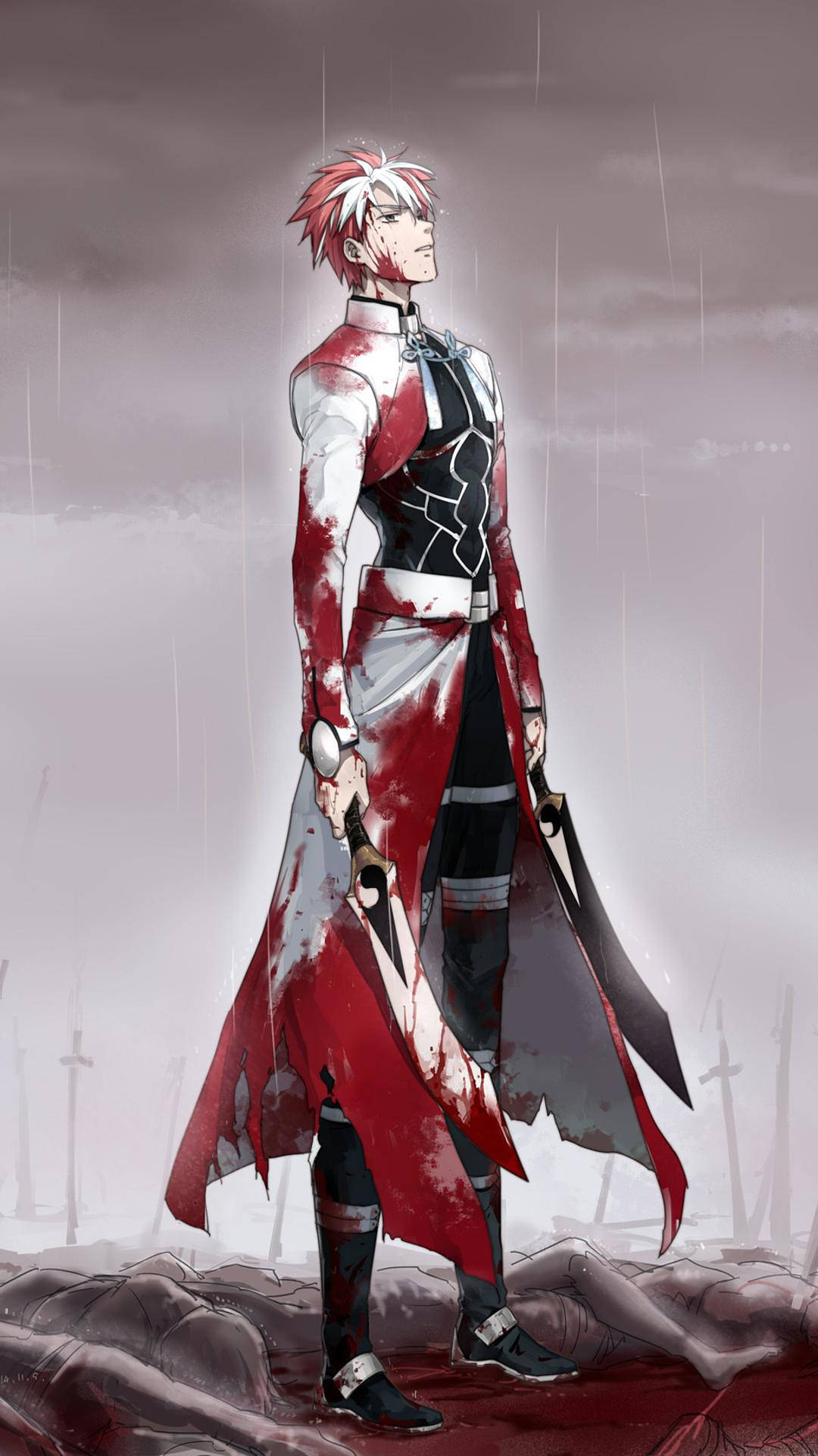 動漫戰士穿著血跡斑斑的外套，在戰場的雨中站立，周圍是倒下的屍體。