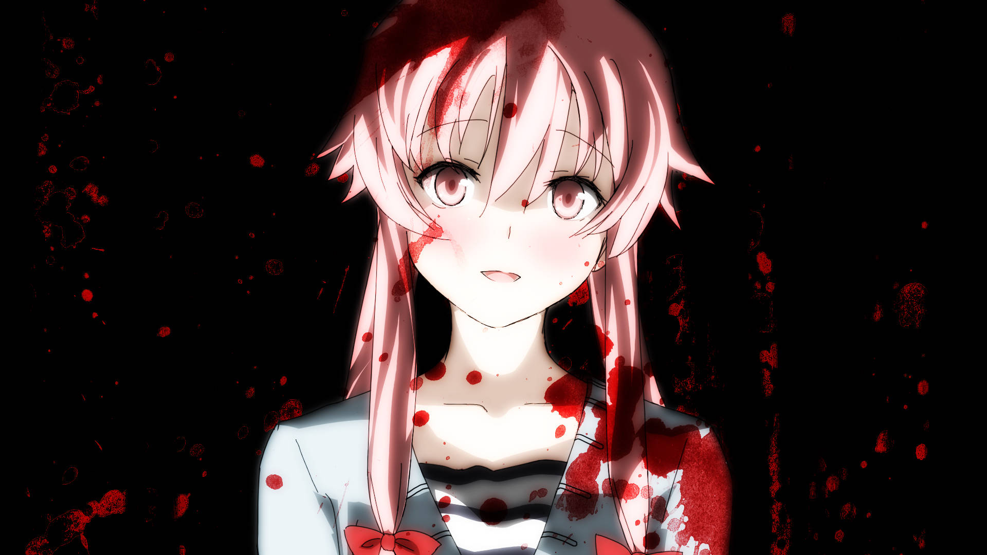 血染的由乃·阿斯卡 壁紙 — 一個粉紅色頭髮的動漫女孩，臉上和衣服上沾滿血跡，背景為黑色。