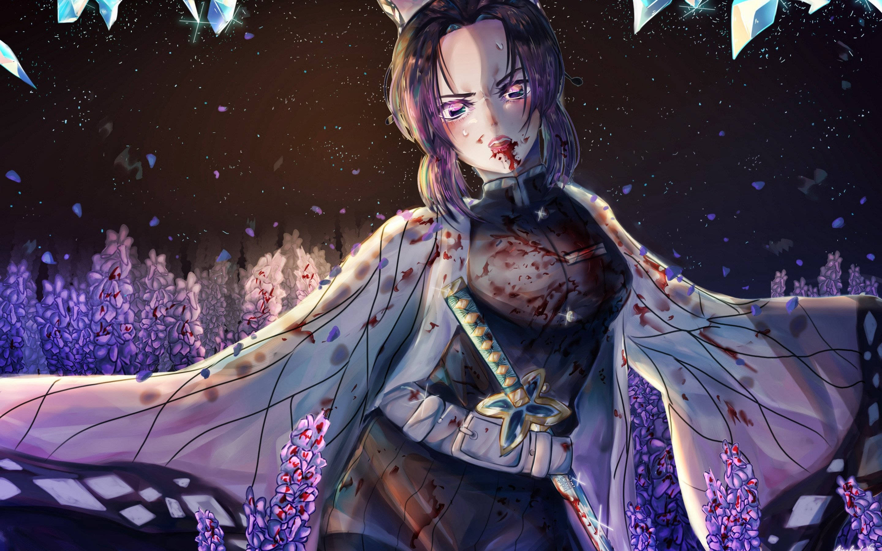 血染的綾瀨川 紗良 壁紙 — 一個血跡斑斑的貓耳動漫戰士，站在星空下、漂浮水晶之間的紫色花朵中。