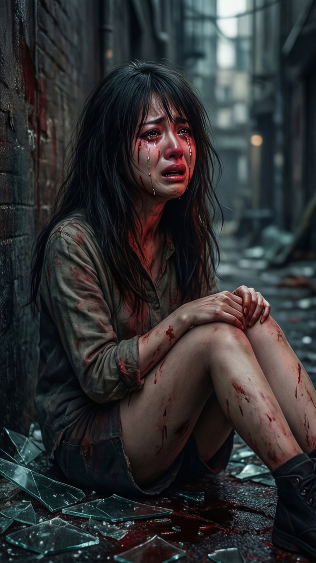 一個滿身鮮血的痛苦女人坐在骯髒小巷的碎玻璃上。