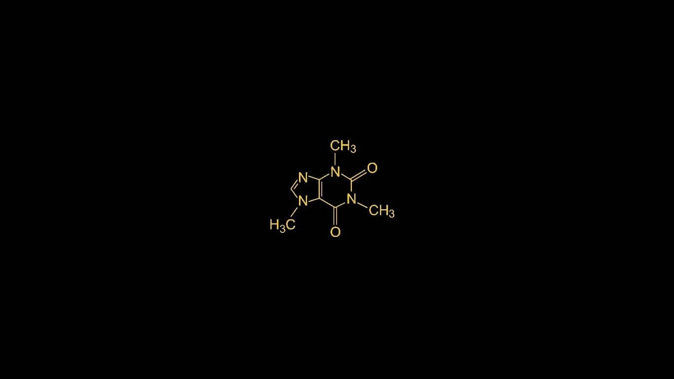 血清素——快樂的化學物質 壁紙 — 在純黑色背景上孤立嘅發光黃色咖啡因分子結構。