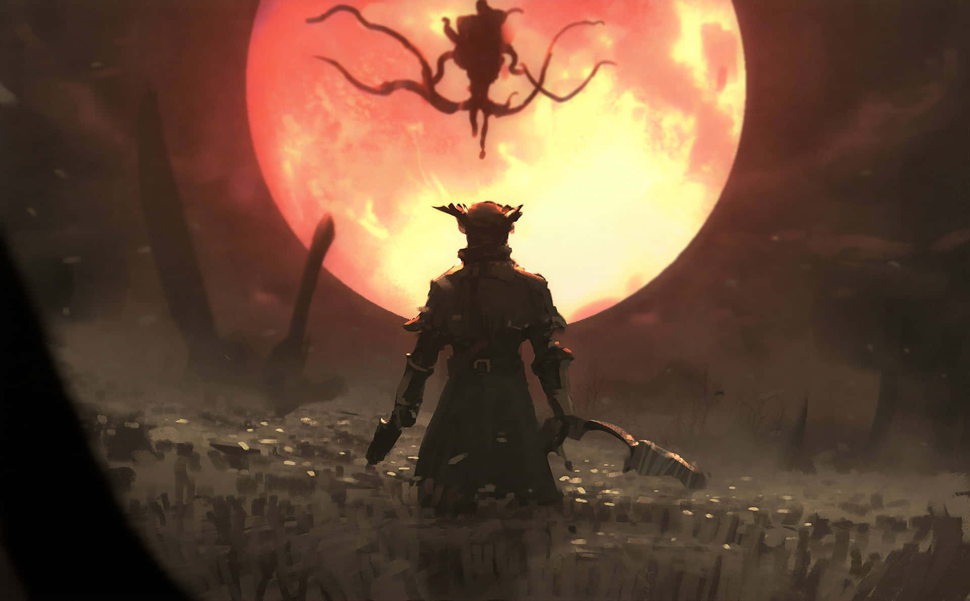 一個身穿暗色盔甲的戰士面對著一輪巨大的紅色太陽，上方有一個怪物般的陰影。