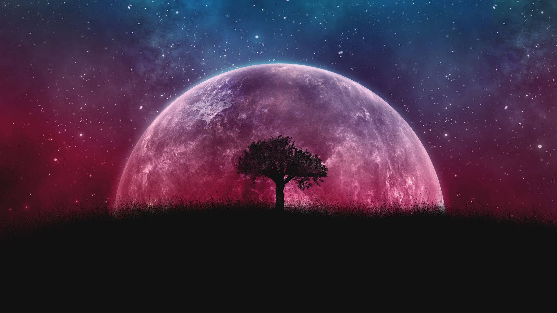 星空下，山丘上的一棵孤樹與巨大的發光星球。