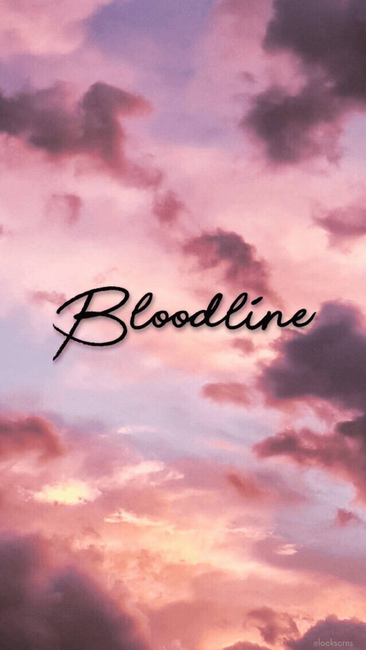 黃昏時分粉紅色、紫色和橙色的雲彩，中間用草書寫著Bloodline。