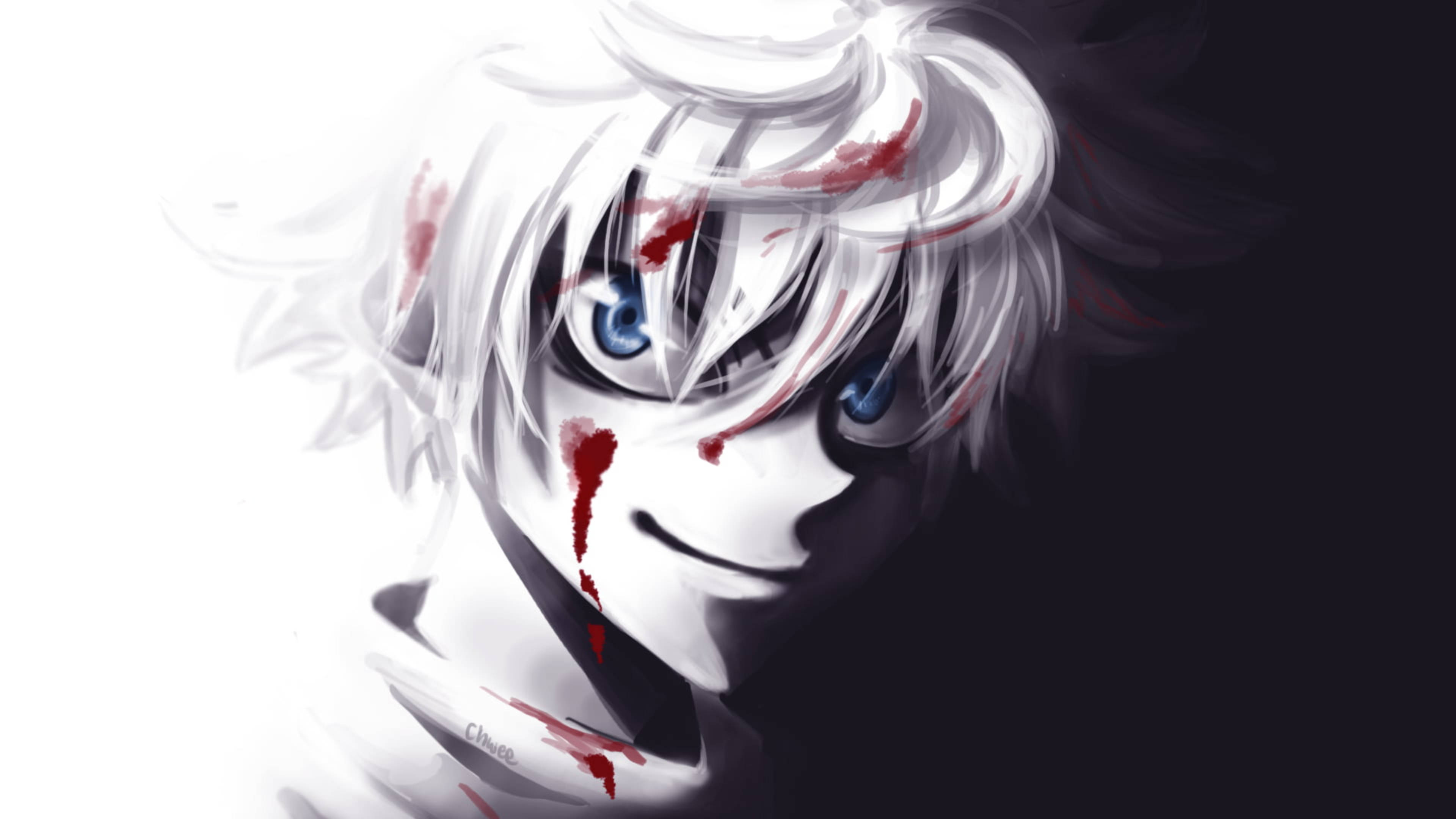 血腥 Killua 4K 壁紙 — 一個戲劇性的動漫角色，白髮藍眼，在黑白背景下，血跡順著他的臉流下，他露出冷笑。