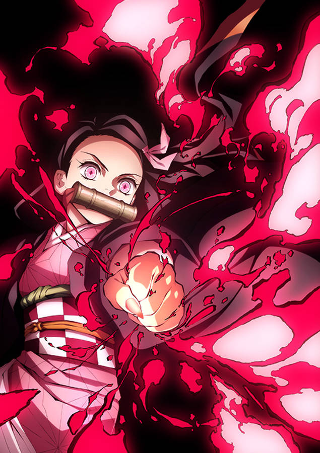 血色鬼滅之刃祢豆子 壁紙 — 一個決心堅定的動漫女孩穿著傳統服裝向前出拳，深紅色的能量在她周圍爆發，形成一個動態的戰鬥場景。
