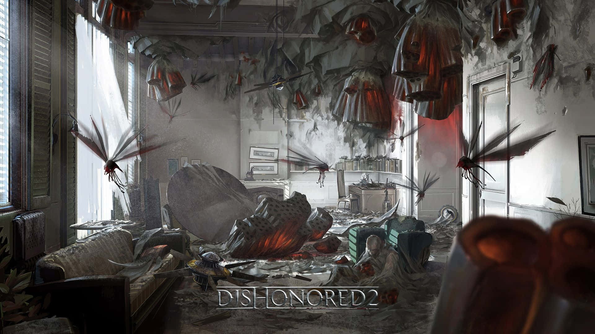 血蠅侵襲的維多利亞風格房間最佳《Dishonored 2》背景 壁紙 — 一個充滿瓦礫的廢墟房間，有巨大的昆蟲狀生物懸掛在天花板上並四處飛翔。