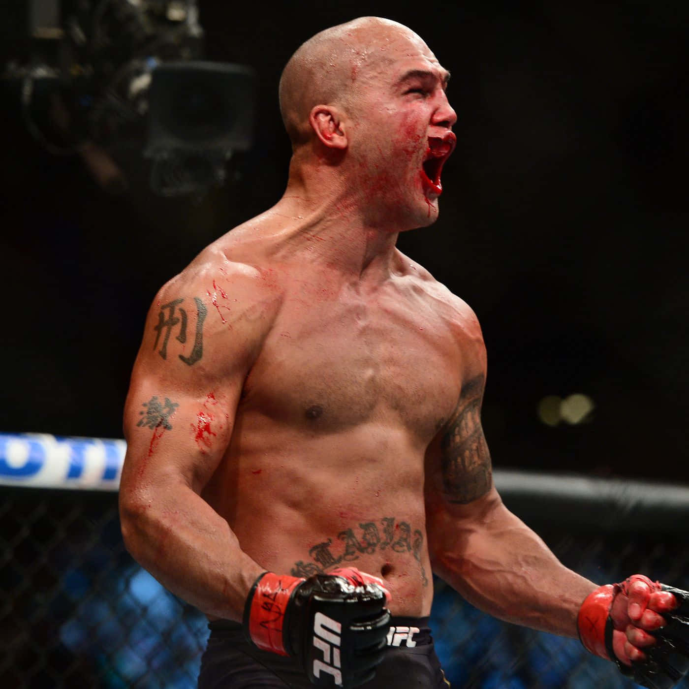 血跡斑斑的羅比·勞勒UFC 189 壁紙 — 一名血跡斑斑的MMA拳手在八角籠內經過一場殘酷比賽後咆哮勝利。