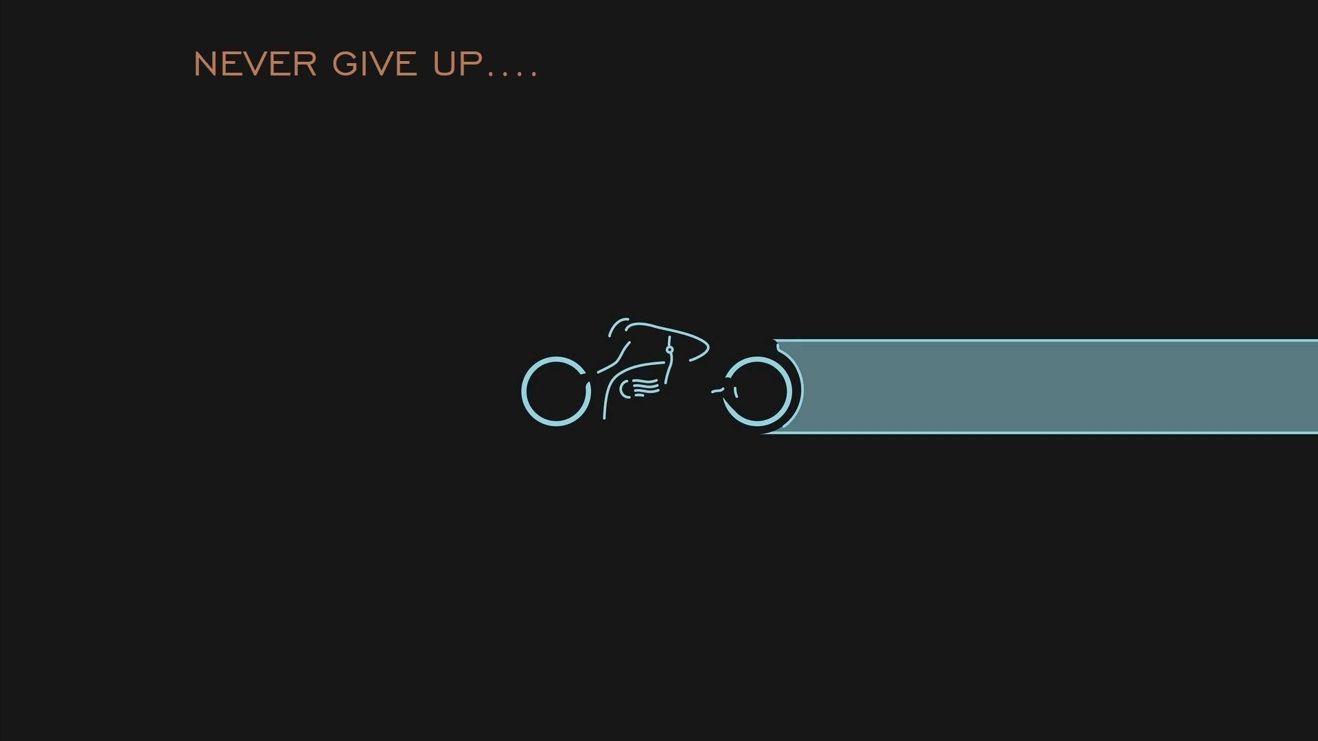一個發光藍色線條藝術單車手，在黑色背景上帶有文字 never give up。