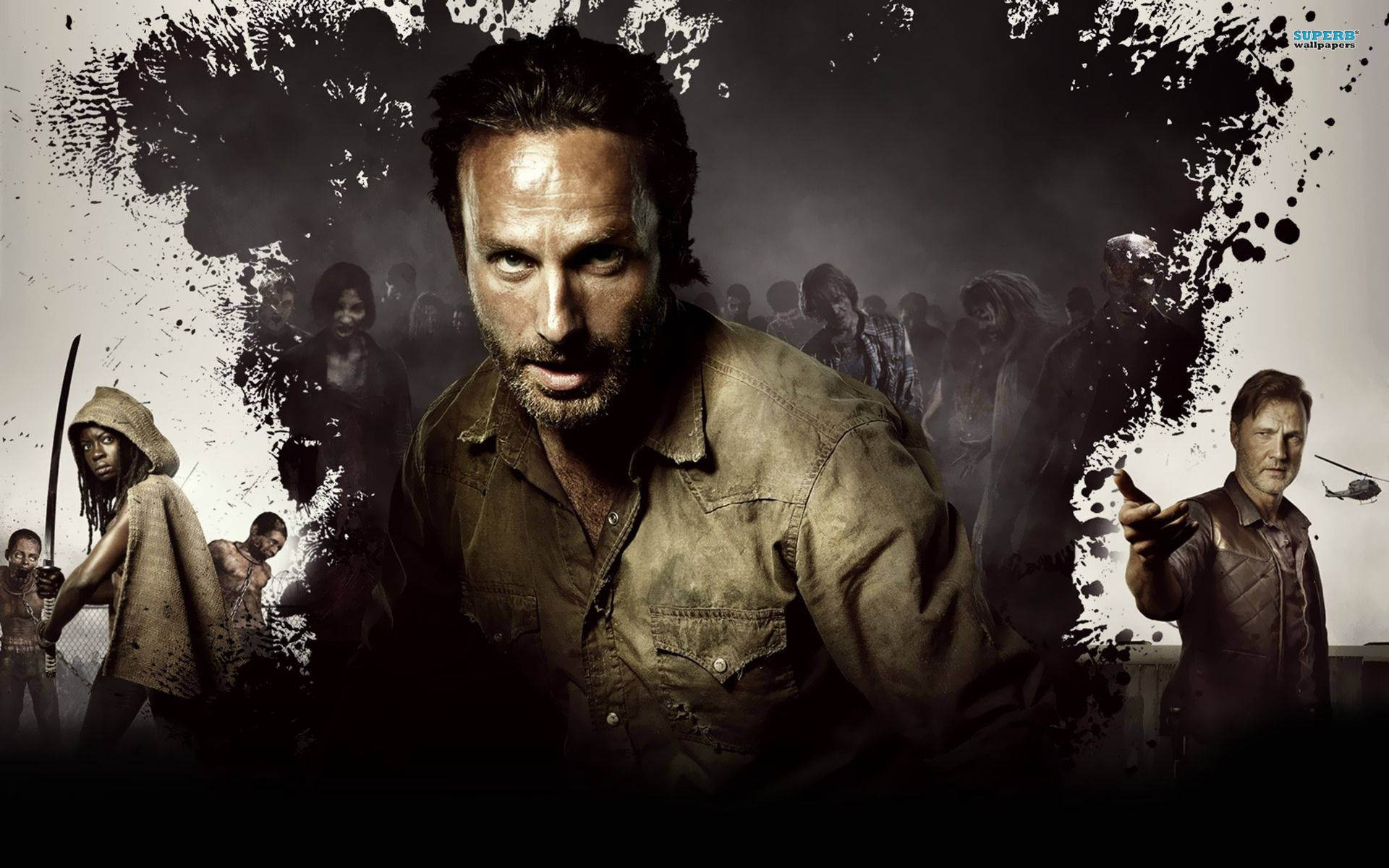 Rick Grimes 和其他倖存者在末日後環境中面對喪屍群。 — 行屍走肉 GIF 壁紙