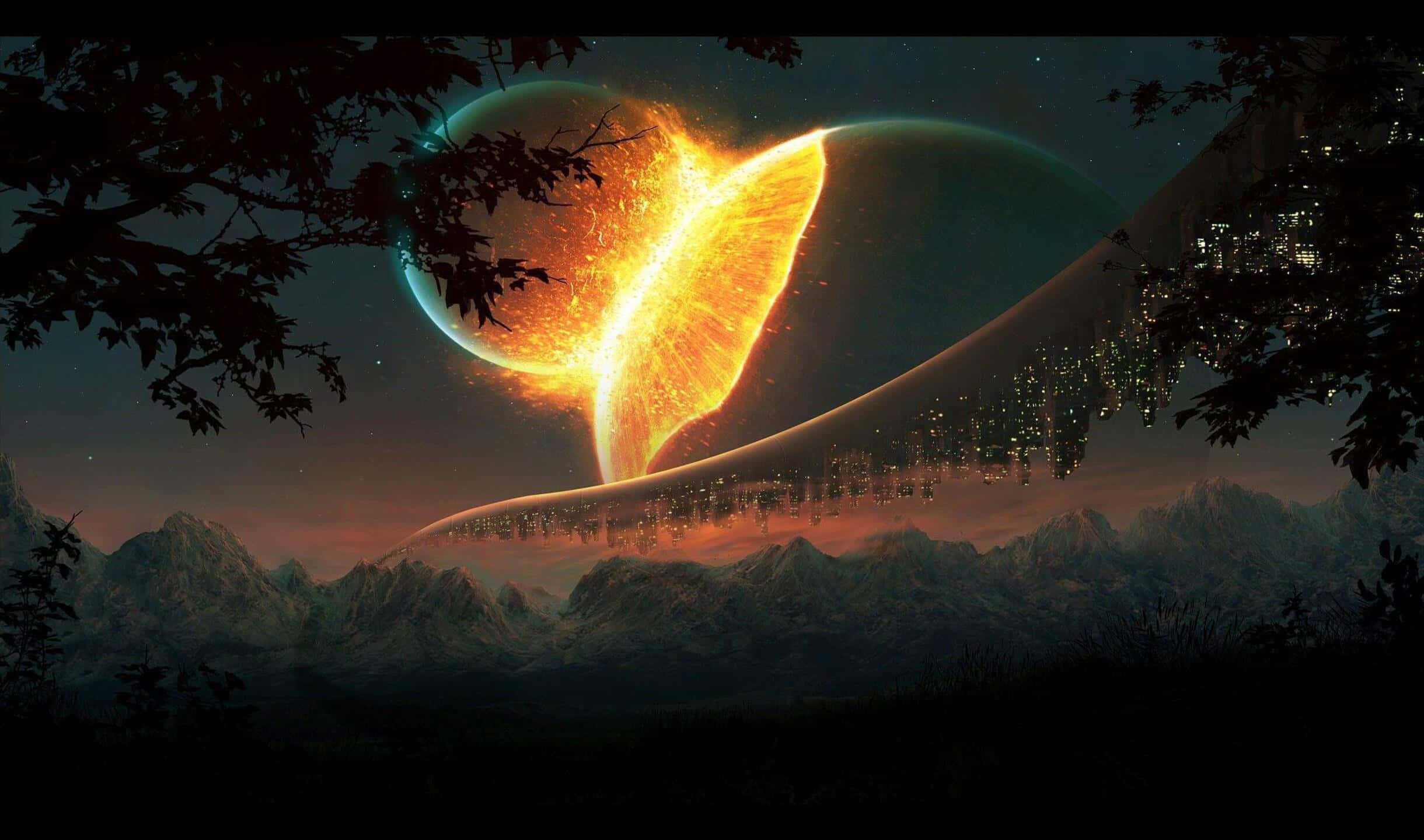 行星上空有火球 壁紙 — 一道熾熱的宇宙裂縫劃破雪峰之上的暮色天空，下方是發光的外星城市景觀。