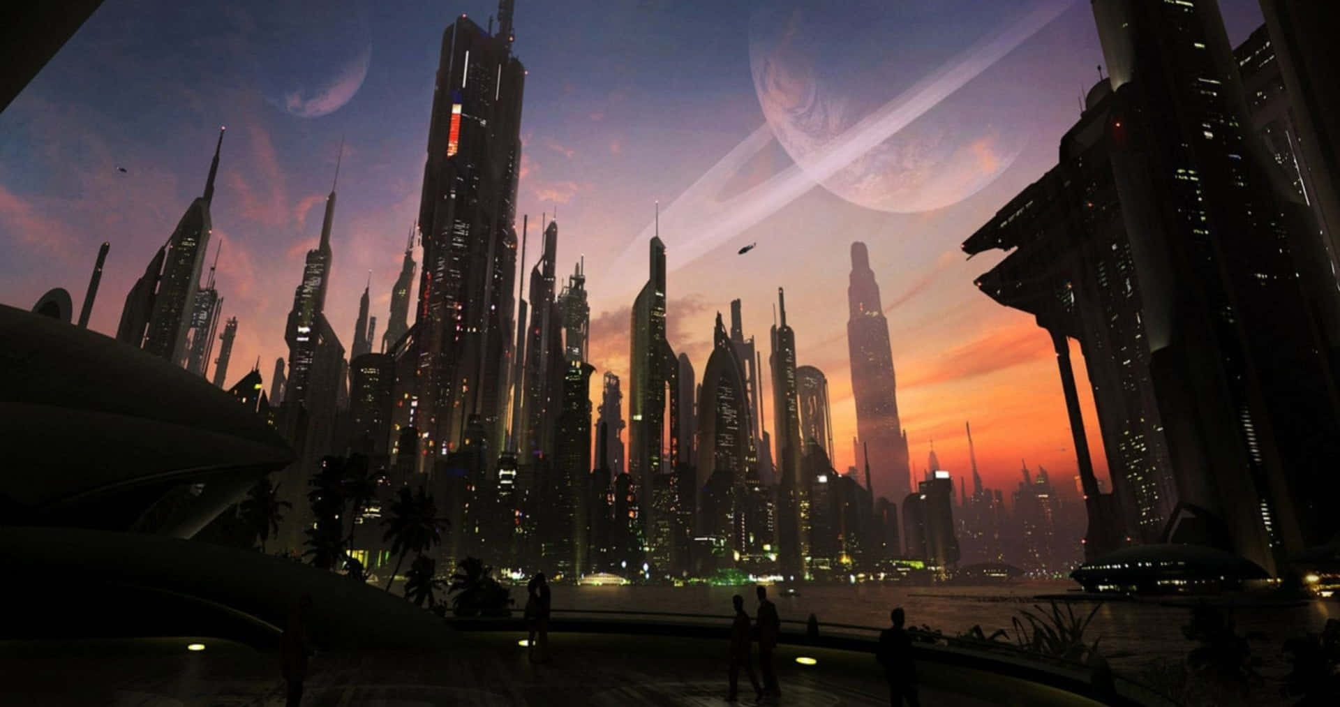 行星俯瞰未來城市景觀圖 壁紙 — 未來城市景觀，夕陽下高聳的摩天大樓、閃爍的燈光，以及暮色天空中出現的外星行星。