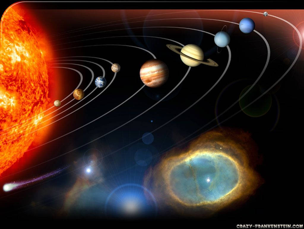 太陽系，行星圍繞發光的太陽運行，深空中充滿彩色星雲。