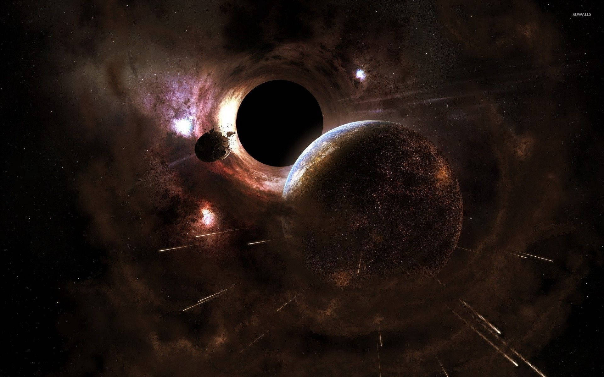 黑洞在充滿活力的星雲中與流星一起吞噬行星。