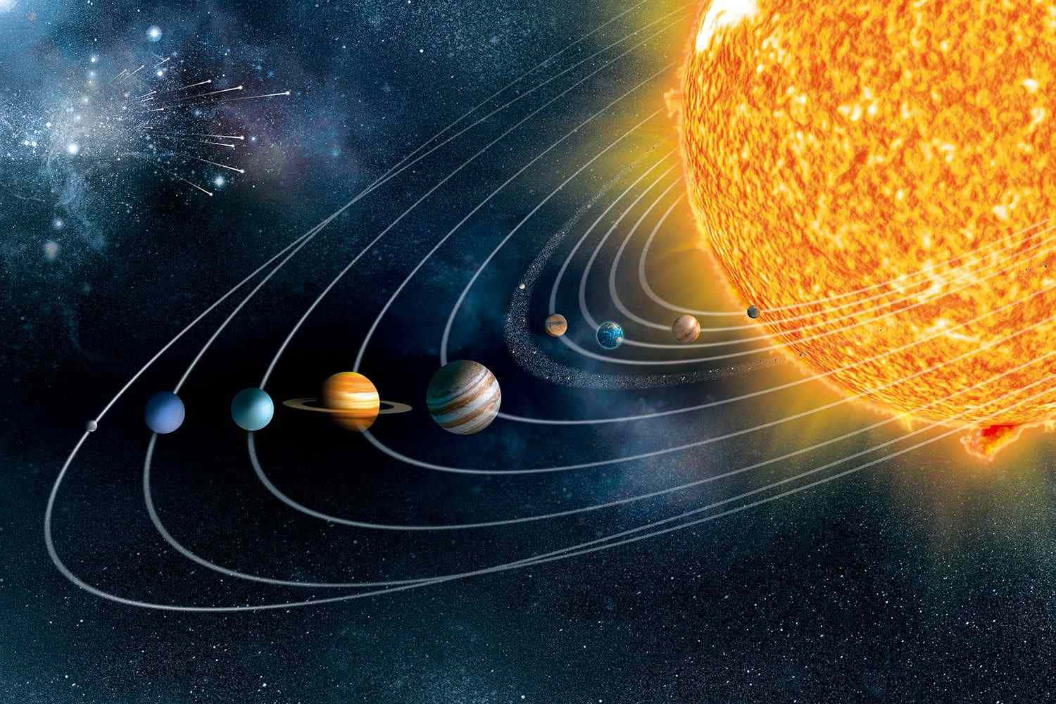 行星對齊天文圖像 壁紙 — 一個充滿活力的太陽系插圖，發光的太陽和色彩繽紛的行星在星空宇宙背景下沿著白色軌道運行。