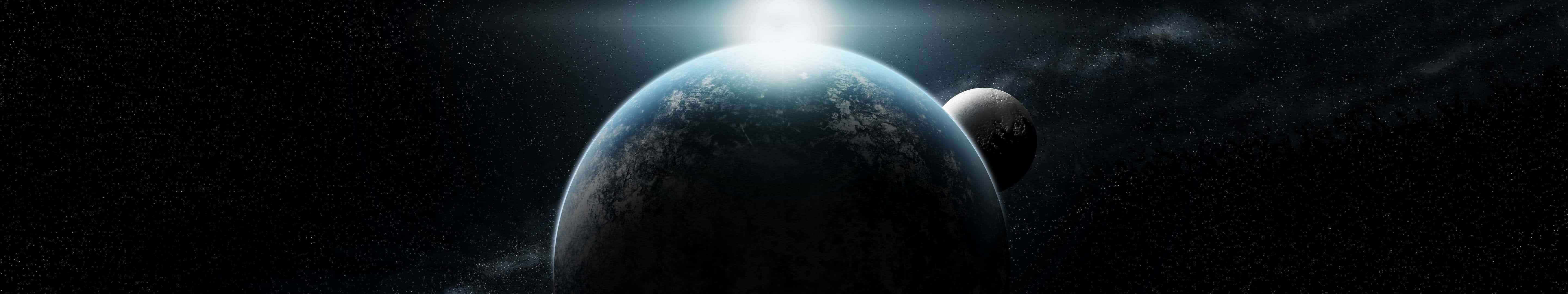 一顆藍色行星和衛星在深空中明亮的太陽下閃耀。