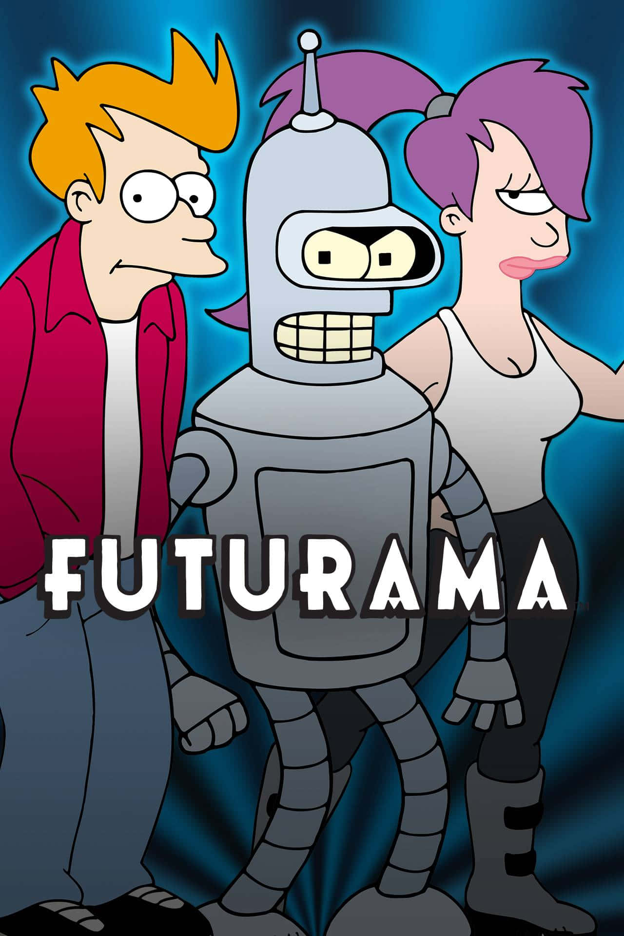 《飛出個未來》角色包括機械人Bender、Fry和Leela，以卡通海報形式呈現。