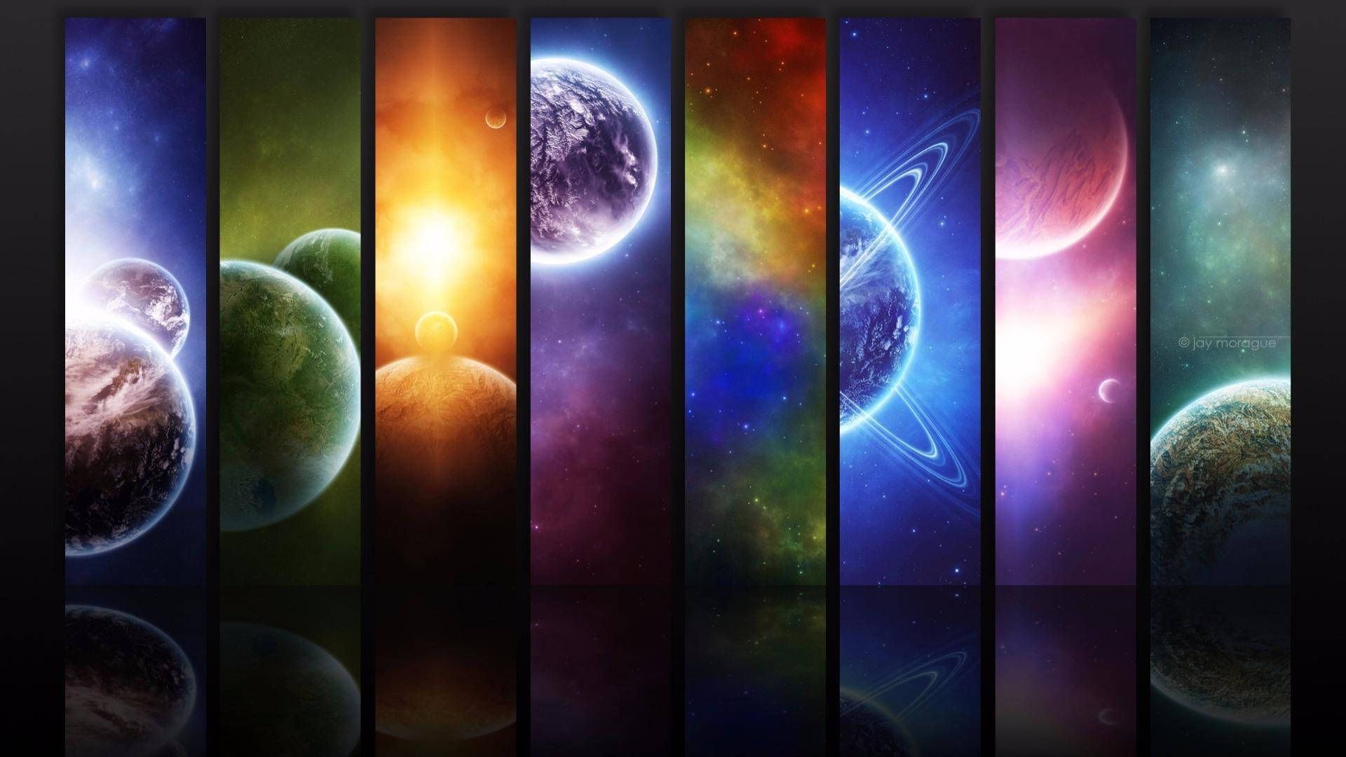 太空中行星和宇宙場景的彩色垂直面板。