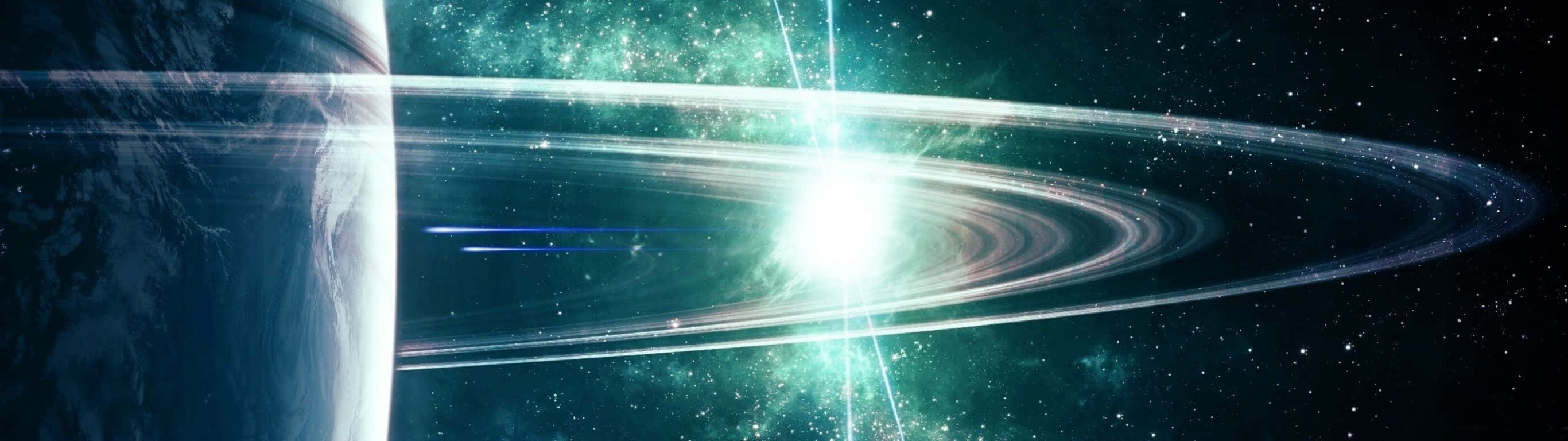 深空中的行星和發光環系統，伴隨著星星。