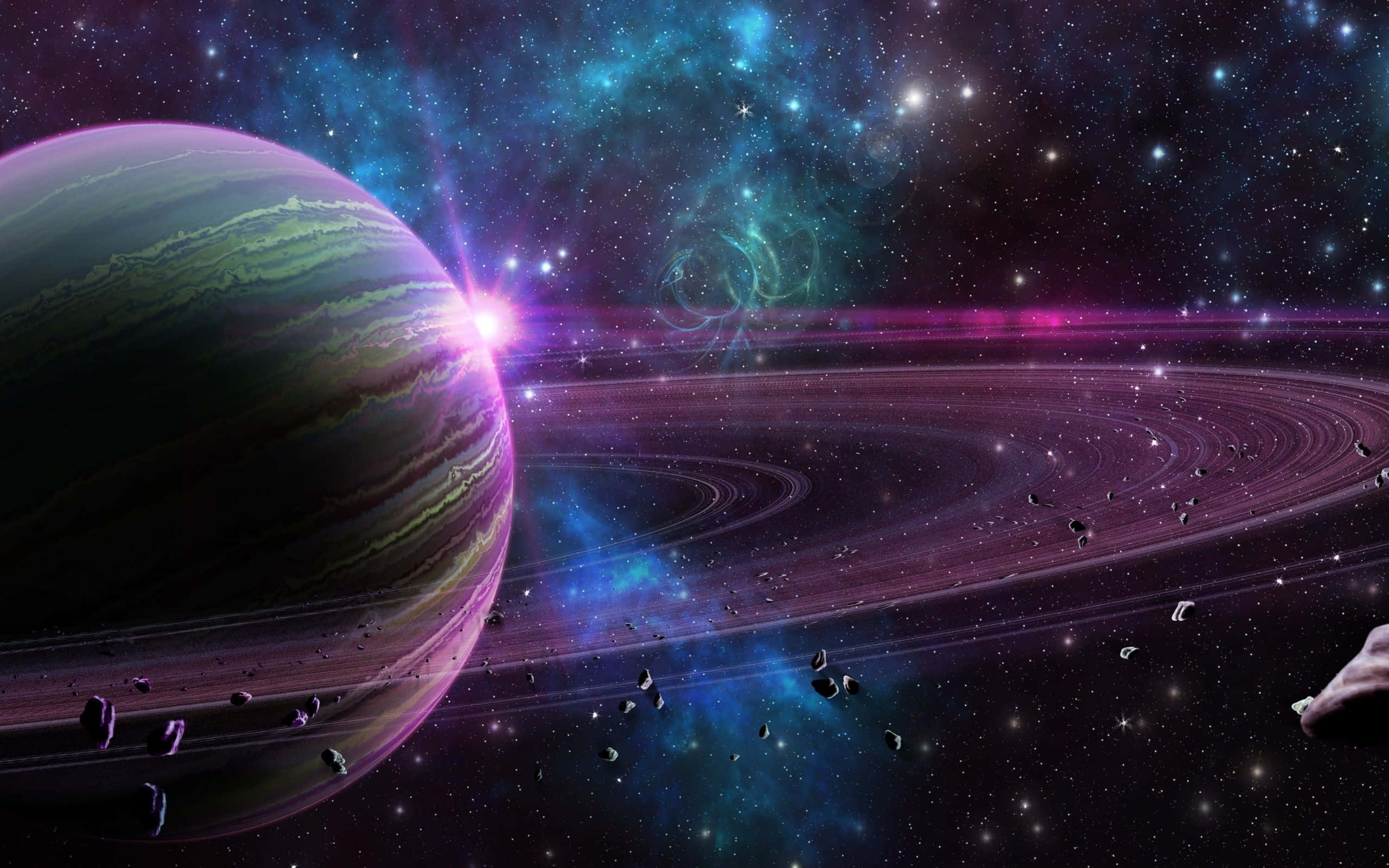 行星環系統最佳電腦背景 壁紙 — 一顆充滿活力的外星行星，帶有旋轉的綠色和紫色帶，在宇宙星雲和小行星帶中環繞著一顆明亮的恆星運行。