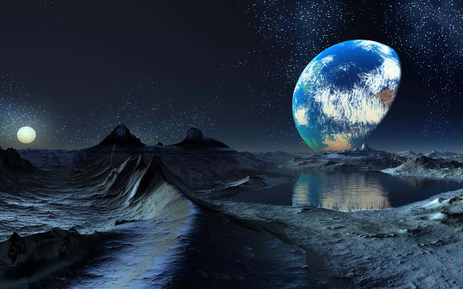 外星月球景觀，地球漂浮在天空中，月亮發光