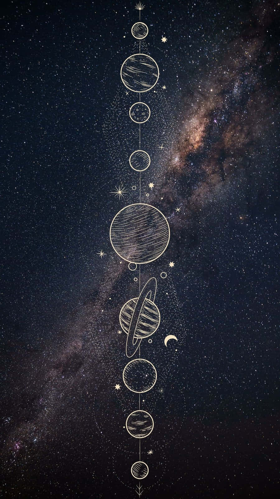 行星線條藝術手機壁紙 壁紙 — 一條垂直線的手繪行星和星星漂浮在星空的銀河背景上，帶有新月。