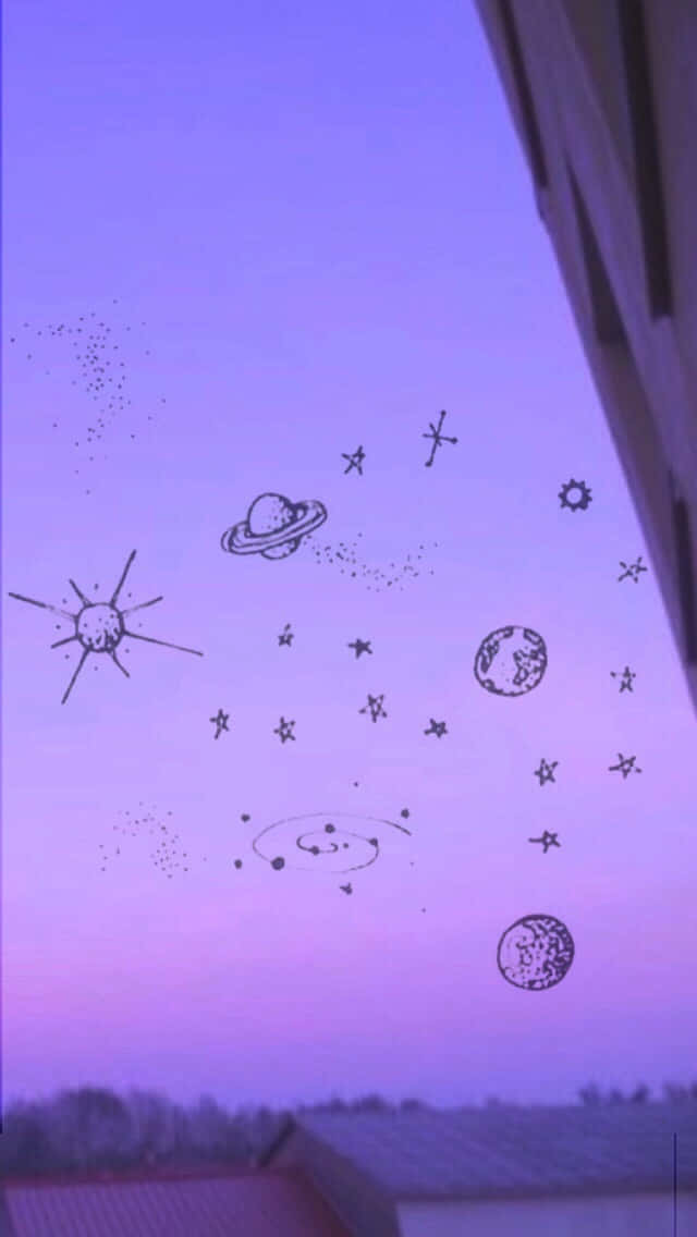 紫色天空，手繪太空元素在夜間漂浮在屋頂上方。