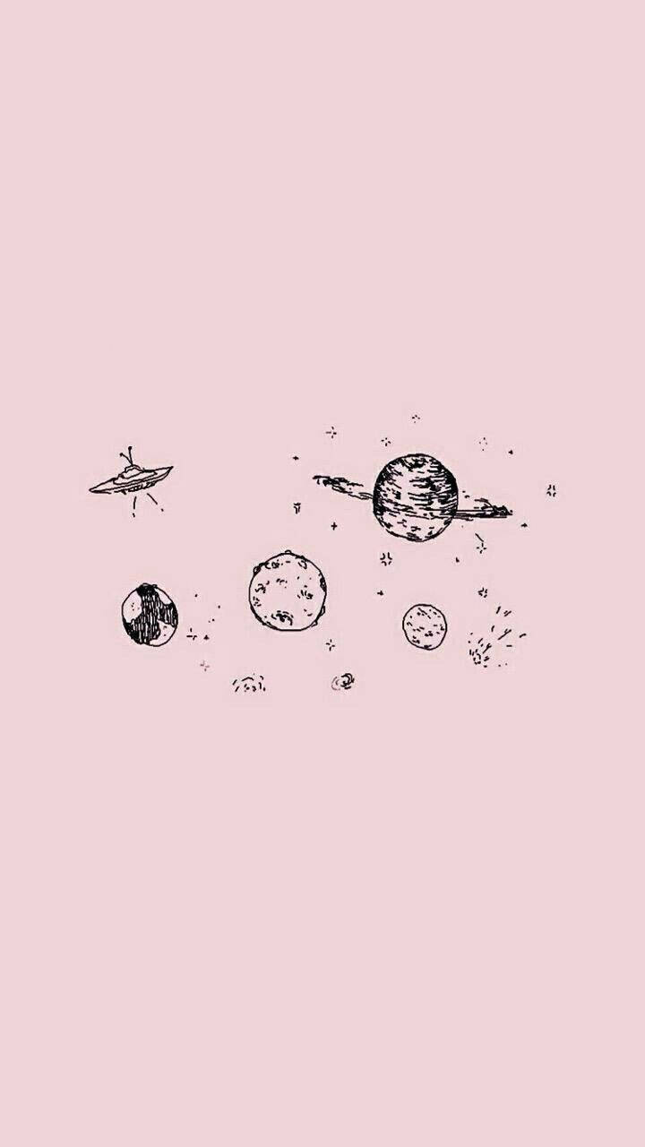 粉紅色背景上帶有行星和UFO的草圖風格太空場景。