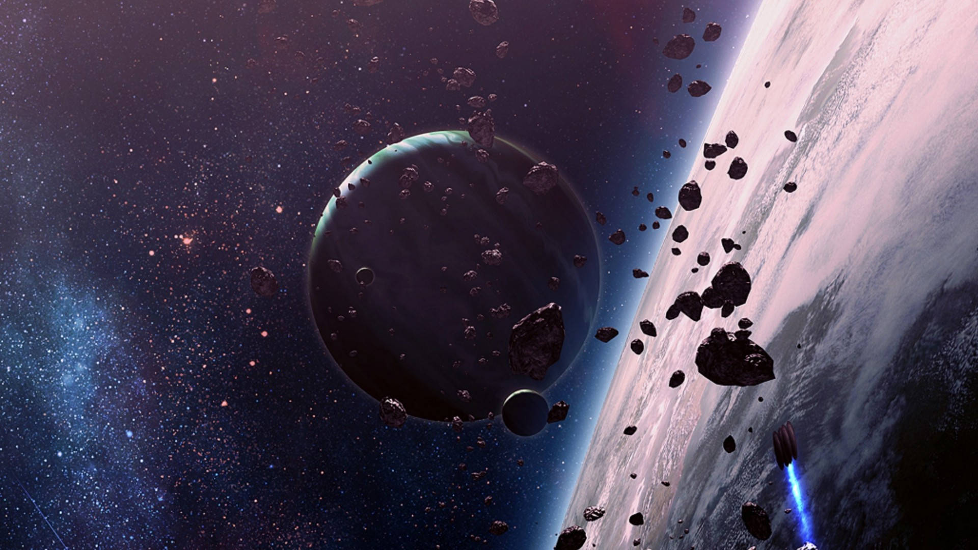 太空船在星雲中靠近行星的小行星帶導航