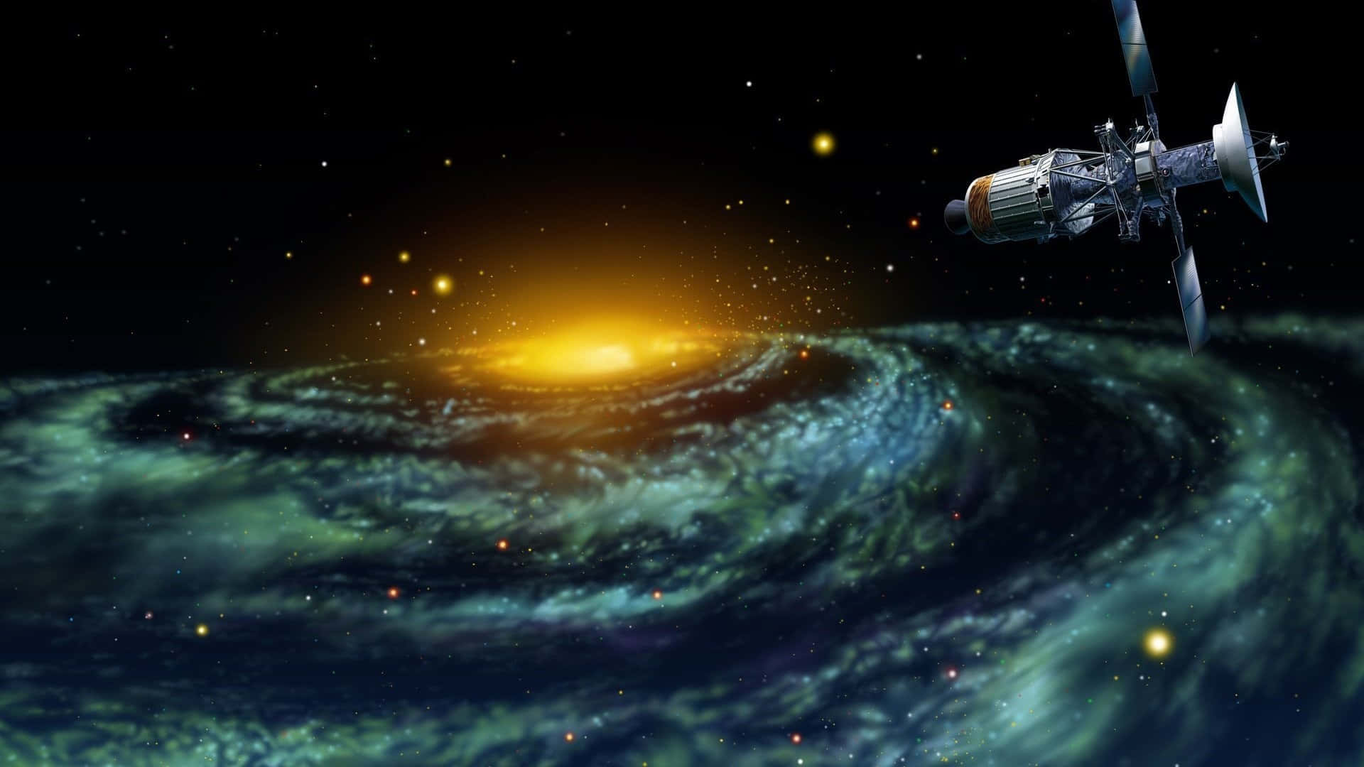 衛星圍繞一個充滿活力的螺旋星系運行，帶有發光的旋臂和散落的星星。
