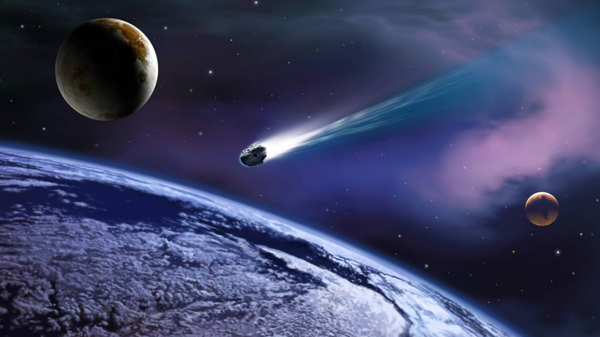 彗星拖曳著光芒掠過地球，伴隨兩個月亮，在繁星點點的宇宙場景中。