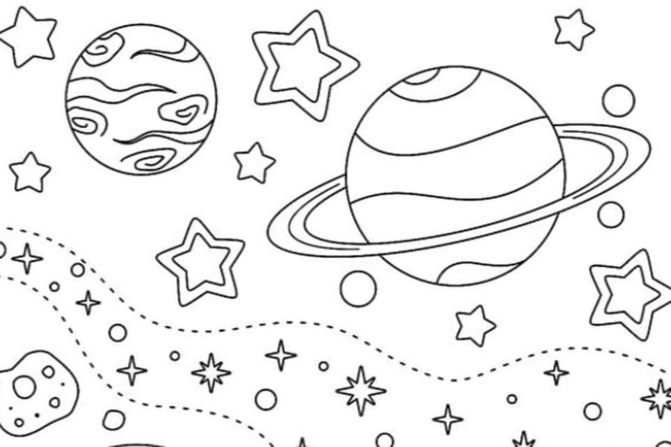 黑白太空場景，包含行星、星星和小行星，供填色使用。