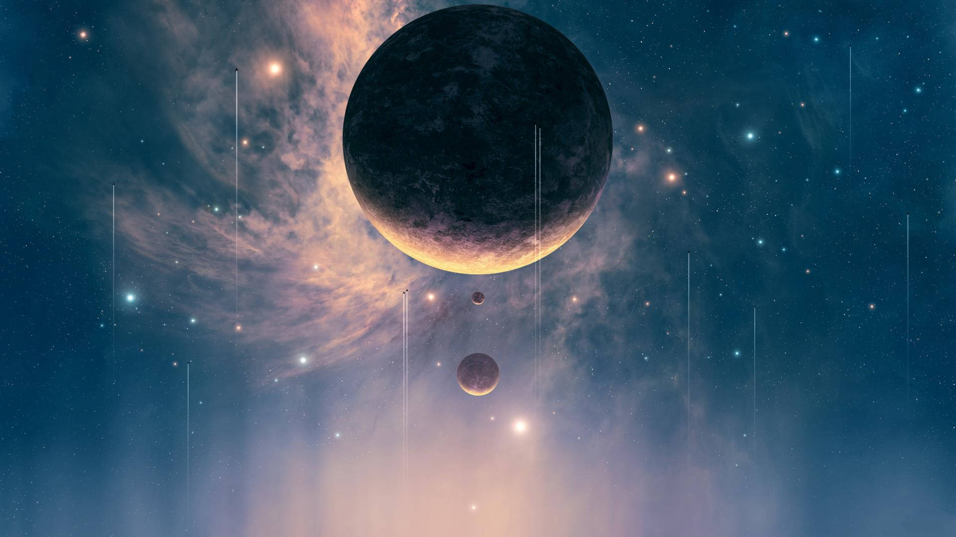 一個帶有環和較小衛星的大型黑暗行星，在星光燦爛的宇宙場景中。