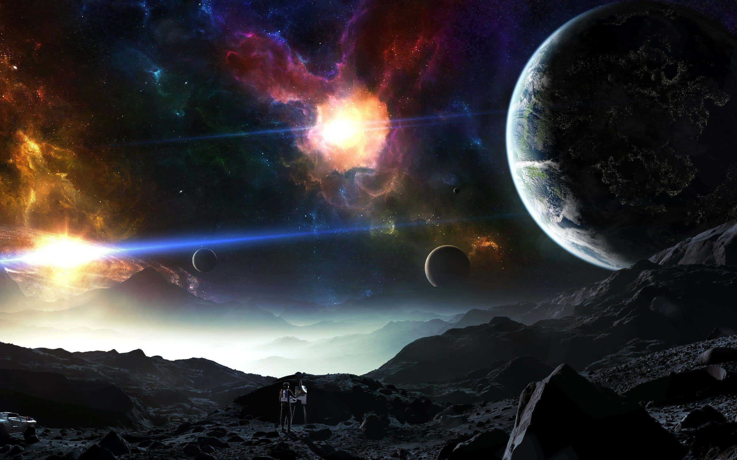 行星與星辰宇宙物體背景 壁紙 — 兩個人影站在岩石外星行星上，凝視著宇宙天空中充滿活力的星雲和發光的地球。