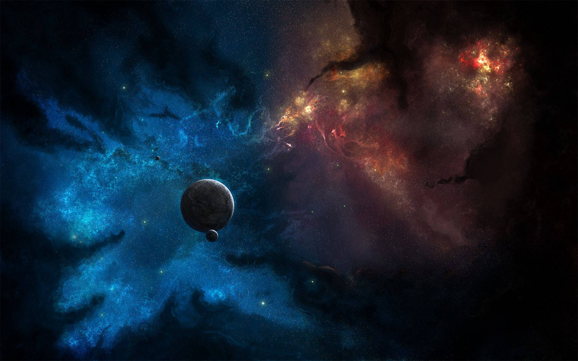 行星漂浮在色彩繽紛的宇宙星雲中，有藍色和紅色的雲彩以及遙遠的星星。