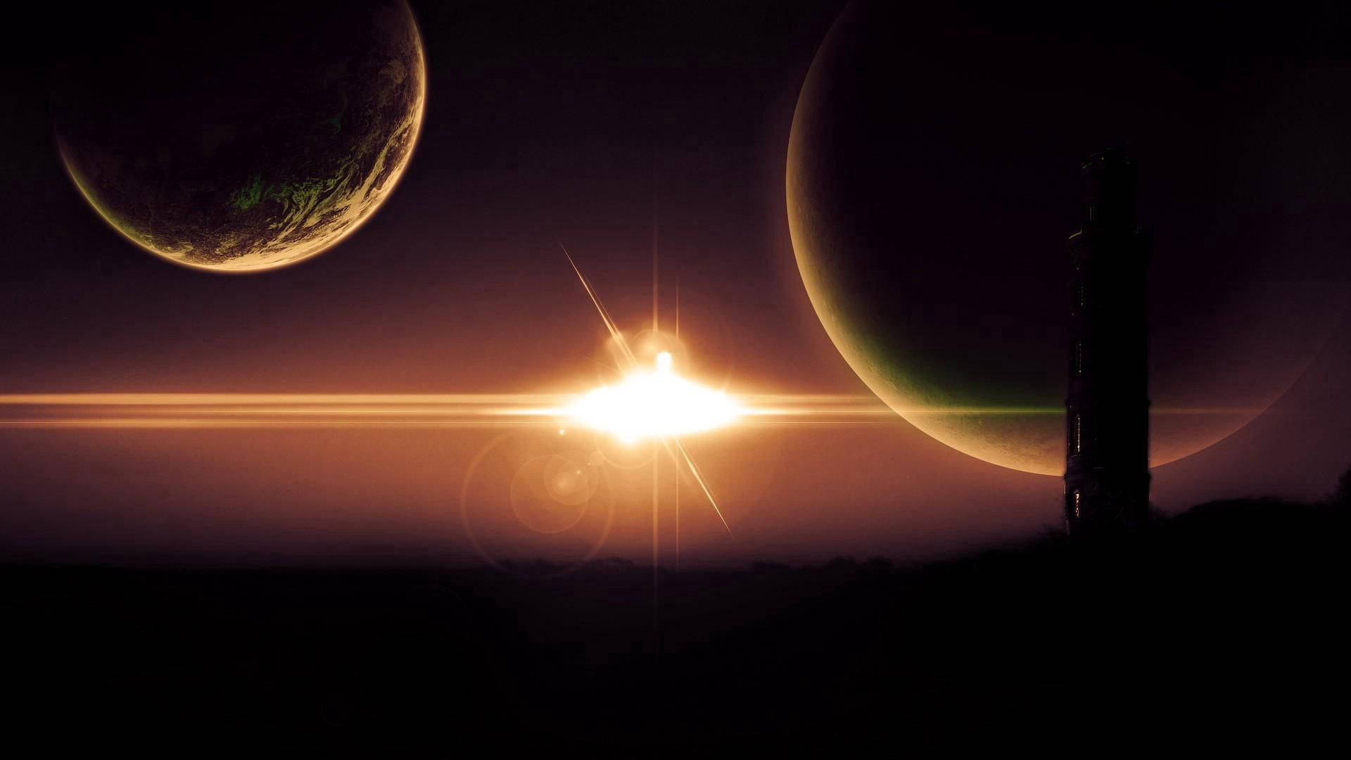 一座塔矗立在太空中兩顆行星之間的日落前。