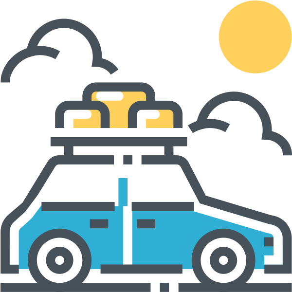 行李裝備的旅行車 壁紙 — 一輛藍白色汽車，車頂行李架上放著黃色行李，在黃色太陽和灰色雲朵下。