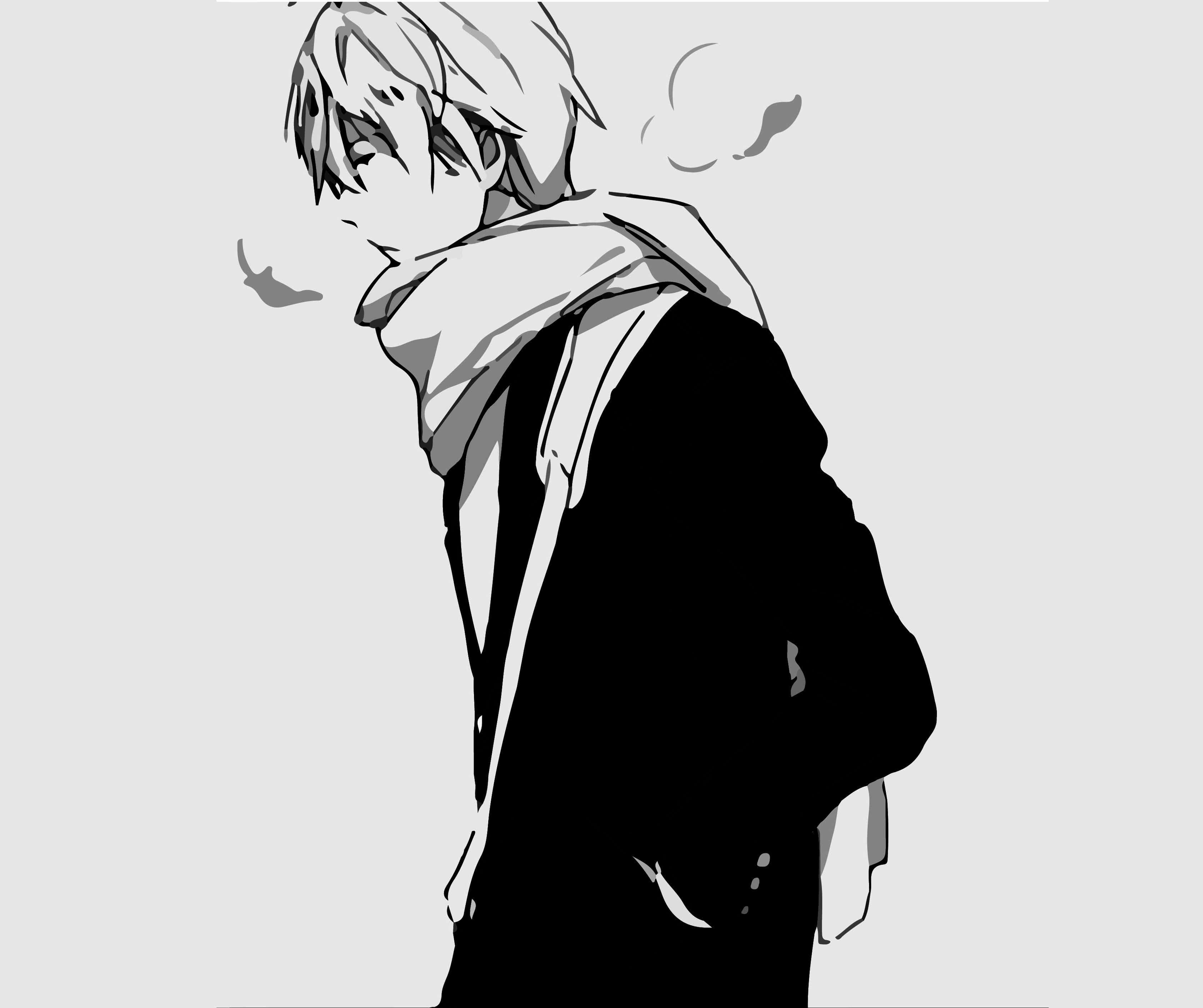 行走的沮喪頭像 壁紙 — 一個單色動漫男孩，頭髮凌亂，圍著圍巾，在樸素背景上向下凝視。