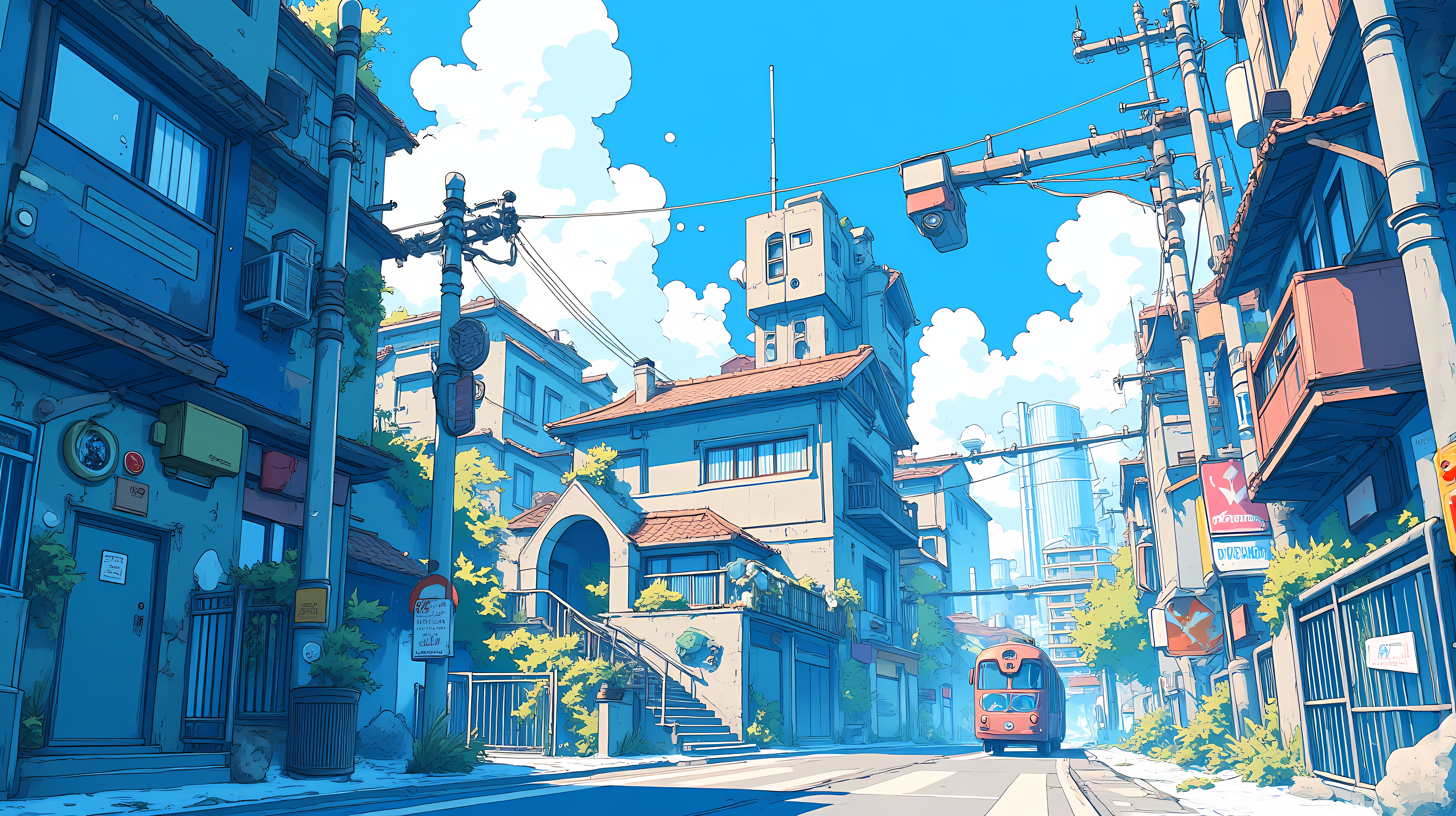 街景 壁紙 — 充滿活力的動漫風格街景，藍色建築、綠色植物和紅色電車在明亮的天空下。