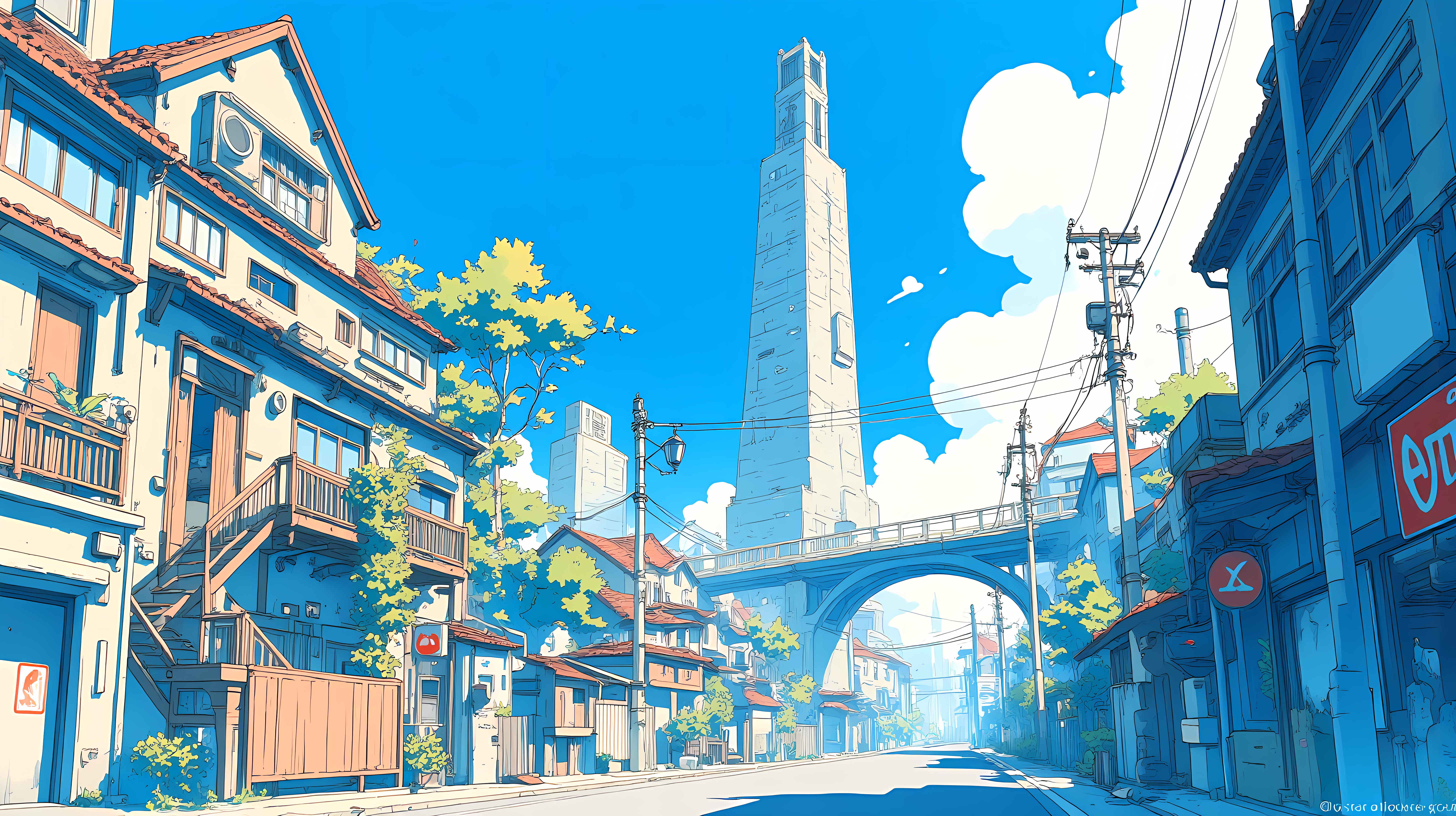 街景 壁紙 — 充滿活力的動漫風格街景，有粉藍色建築、茂密的綠樹和一座高聳的橋樑，在晴朗的天空下。