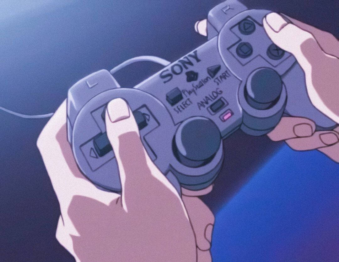 動漫風格的手握著發光粉紅光的PlayStation控制器。