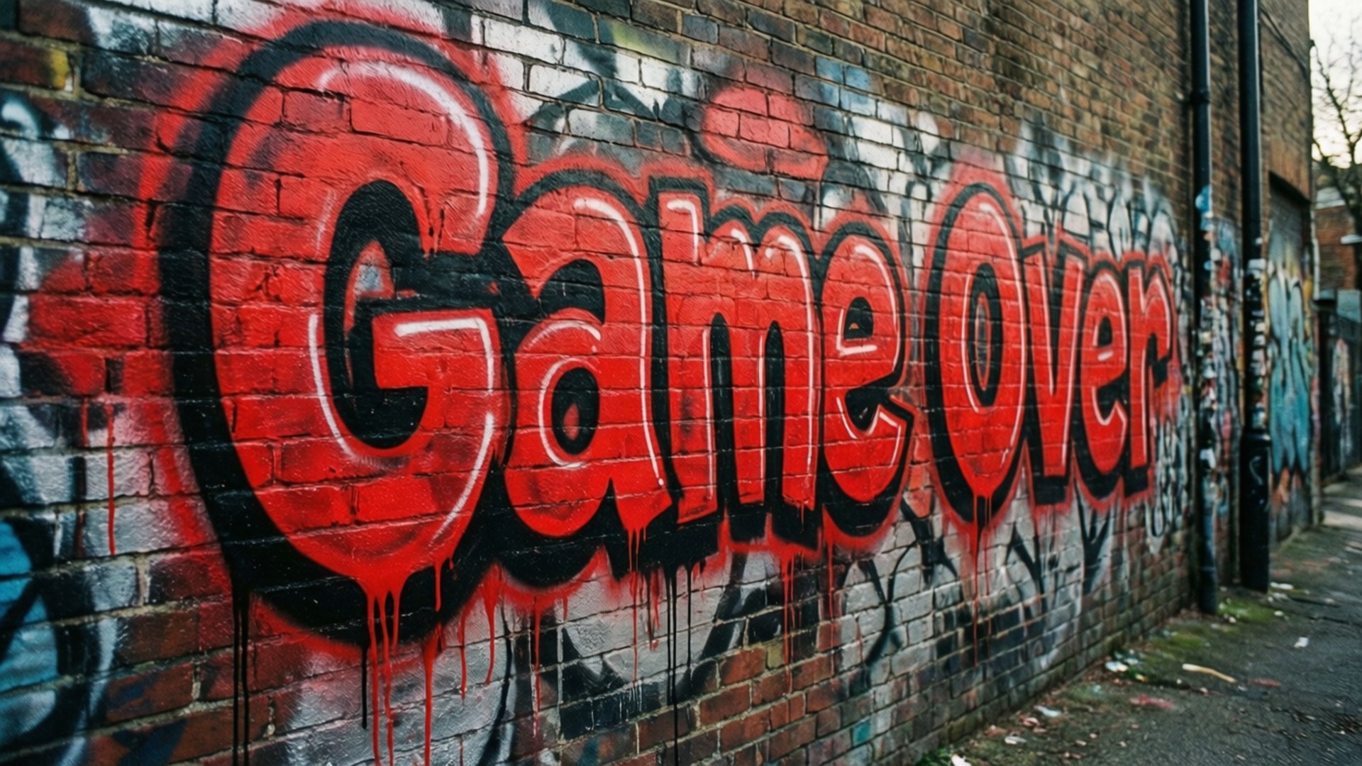 後巷磚牆上寫住Game Over嘅紅色塗鴉。