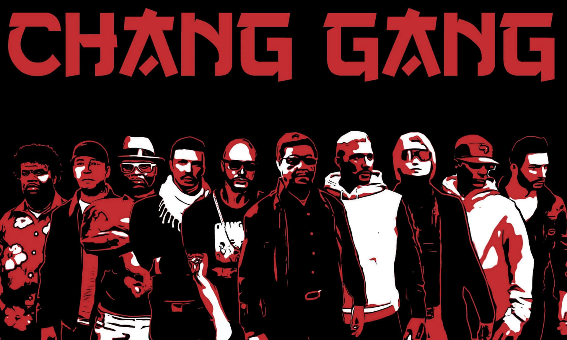 紅黑插圖，一群男子在「CHANG GANG」文字下方。