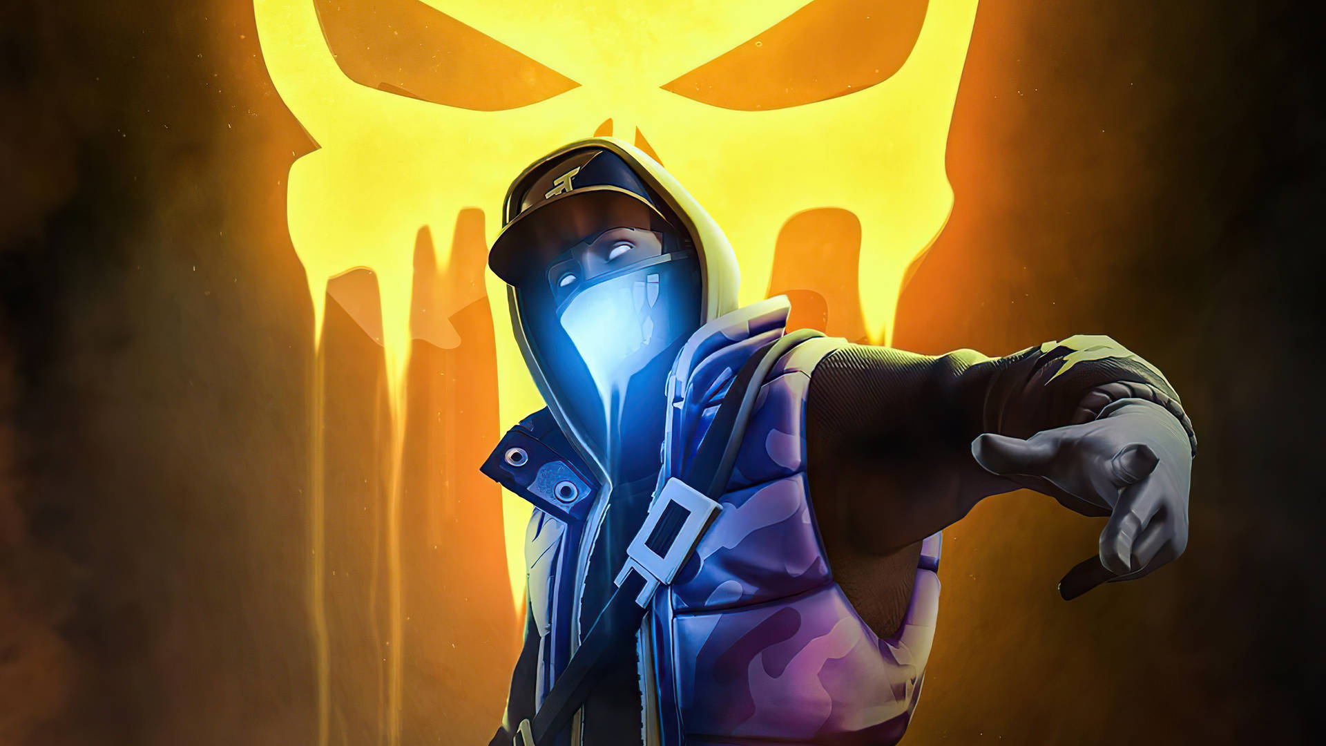 Fortnite角色穿著發光連帽衫指著，背景有骷髏