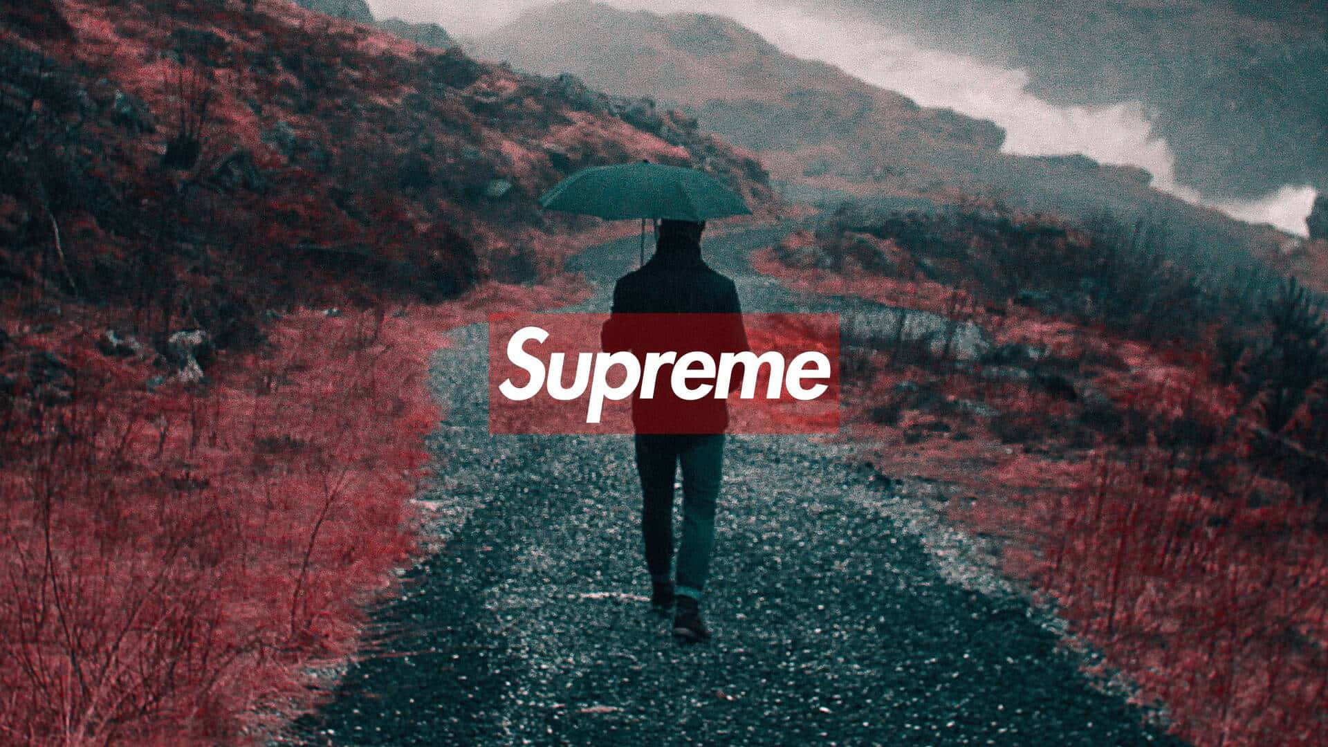 在霧氣瀰漫的山景中，一個人走在碎石路上，撐著傘。