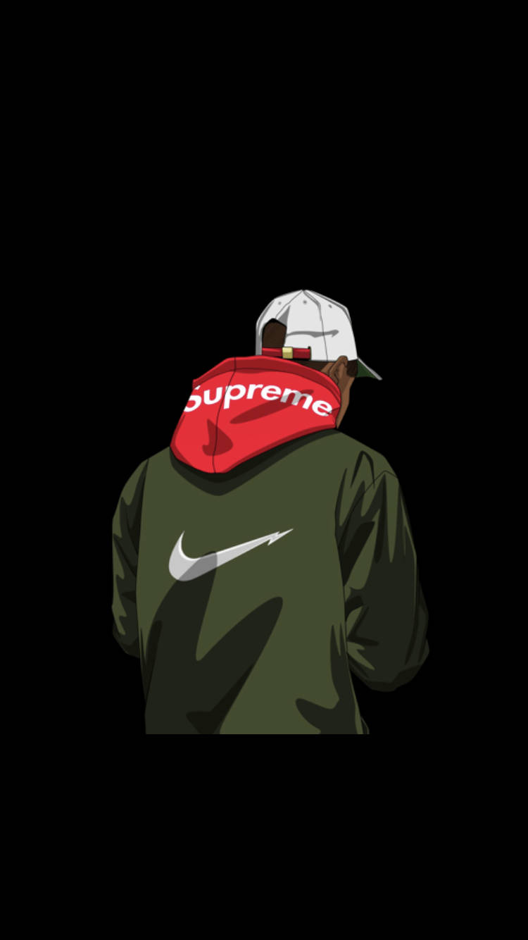 街頭潮流 Dope Supreme 風格 壁紙 — 一個風格化的動漫人物從背後觀看，穿著綠色Nike外套、紅色Supreme連帽衫和白色帽子，背景為黑色。