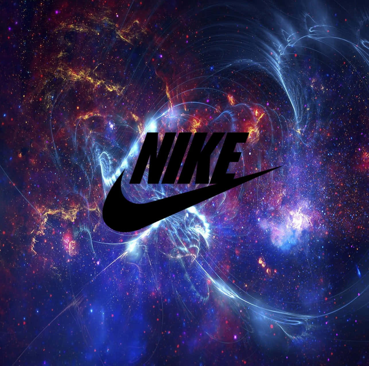 Nike標誌漂浮在色彩繽紛的宇宙星雲中，有旋轉的氣體和星星。